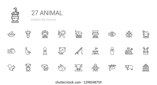 animal icons set. Collection of animal with sloth, turtle, minotaur, without, dog, teddy bear, squirrel, egypt, circus, fishing rod, cat, duck. Editable and scalable animal icons.