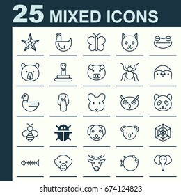 Animal Icons Set. Collection Of Spider, Grizzly, Marsupial And Other Elements. Also Includes Symbols Such As Mice, Frog, Hen.