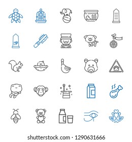 animal icons set. Collection of animal with swans, egypt, milk, teddy bear, bee, chicken leg, magician, monkey, frog, paw, bear, duck, chick. Editable and scalable animal icons.