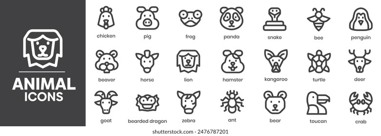 Animal Icons Set, Containaing All Animals Outlines With Names, Vector Illustration Collection Editable eps10