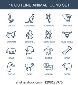 animal icons. Trendy 16 animal icons. Contain icons such as goose, cangaroo, scorpion, panther, chicken, squirrel, teddy bear, bull skull, bear. animal icon for web and mobile.