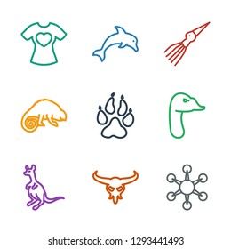 animal icons. Trendy 9 animal icons. Contain icons such as virus, bull skull, cangaroo, goose, animal paw, chameleon, extinct sea creature, dolphin. icon for web and mobile.