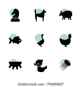 Animal icons. vector collection filled animal icons set.. includes symbols such as chicken, sheep, goose, fish, udder, dog, duck. use for web, mobile and ui design.