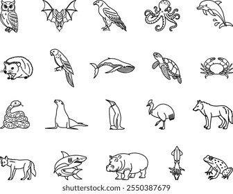 Animal Icons. Vector Illustrations of Owl, Bat, Eagle, Octopus, Dolphin, Hedgehog, Parrot, Whale, Turtle, Crab, Snake, Penguin, Cassowary, Wolf, Shark and Others