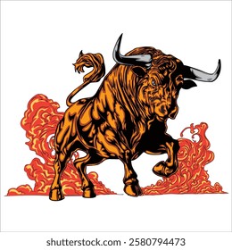 animal illustration. bull ready to charge with fire dust behind him