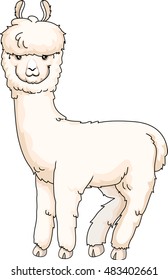 Ilustração animal de uma alpaca peluda bonito com casaco branco grosso olhando para trás