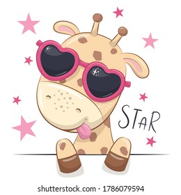 Animal illustration with cute girl giraffe with glasses.