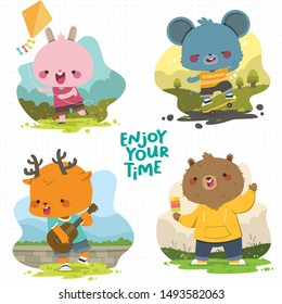 Animal Illustration, Cute animal playing on the park, bunny playing kite, mouse skateboarding, cute deer playing guitar, cute bear eating popsicle