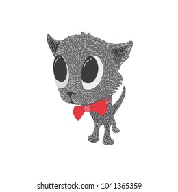 Animal illustration. Drawing illustration. A kitten in a red butterfly is standing. T-shirt graphics. Without background.
