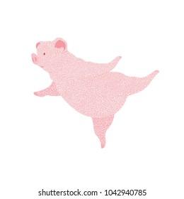 Animal illustration. Drawing illustration. A pink pig is standing on one leg. The T-shirt graphics. The cool cartoon characters. Without background.
