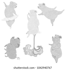 Animal illustration. Drawing illustration. Set of funny dancing pigs. The T-shirt graphics. The cool cartoon characters. Without background