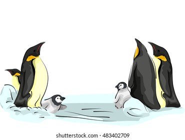 Animal Illustration of a Family of Emperor Penguins Playing on an Ice Sheet