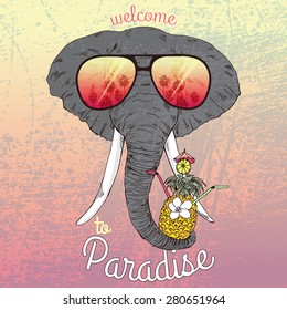 animal illustration, fashion portrait of elephant with exotic cocktail, Hawaii style, summer t-shirt print