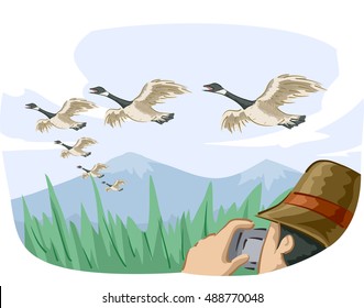 Animal Illustration Featuring a Bird Watcher Taking Photos of Migrating Geese