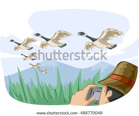 Animal Illustration Featuring a Bird Watcher Taking Photos of Migrating Geese