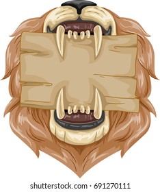 Animal Illustration Featuring a Growling Lion With a Wooden Board Lodged Between its Sharp Teeth