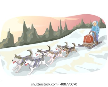 Animal Illustration Featuring a Man Leading a Pack of Sled Dogs Down a Snowy Mountain