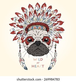 animal illustration, indian pug in war bonnet, native american poster