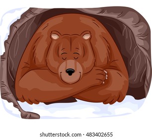 冬の洞窟で冬眠する大型のグリズリー クマの動物イラスト のベクター画像素材 ロイヤリティフリー Shutterstock