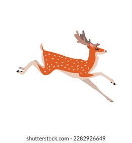 Animal illustration. Running deer drawn in a flat style. Isolated object on a white background. Vector 10 EPS