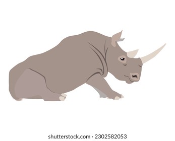 Animal illustration. Sitting rhino drawn in a flat style. Isolated object on a white background. Vector 10 EPS