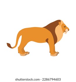Animal illustration. Standing lion drawn in a flat style. Isolated object on a white background. Vector 10 EPS