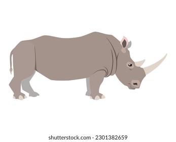 Animal illustration. Standing rhino drawn in a flat style. Isolated object on a white background. Vector 10 EPS