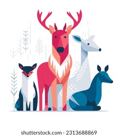 Ilustraciones animales en un encantador diseño plano. Vida silvestre, mascotas, naturaleza