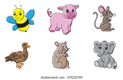 Animal illustrations. Funny vector art doodles of goofy animal characters. Hand drawn style with colors.