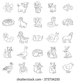 Animal illustrations. Funny vector line art doodles of goofy animal characters. Hand drawn contour style.