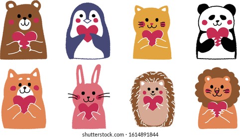 Animal illustrations with hearts that can be used as gifts and card tags.