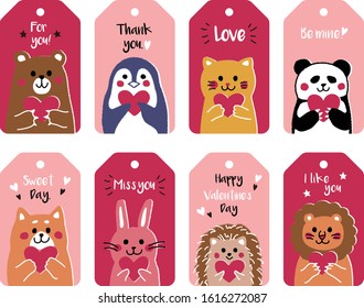 Animal illustrations with hearts that can be used as gifts and card tags.