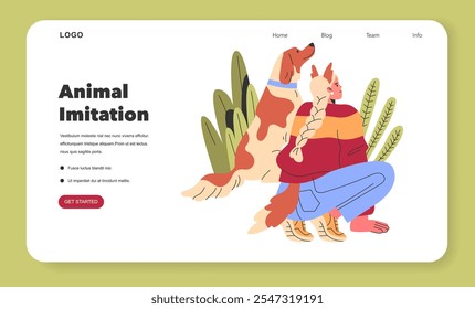 Animal Imitation concept. Interactive web banner featuring person mimicking a dog with playful graphics and engaging layout. Educational activity promotion. Vector illustration.