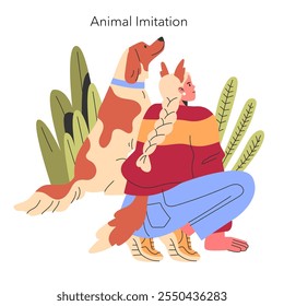 Animal Imitation concept. A person creatively mimics a dog's pose amidst playful foliage. Joyful bonding between humans and pets. Vector illustration.