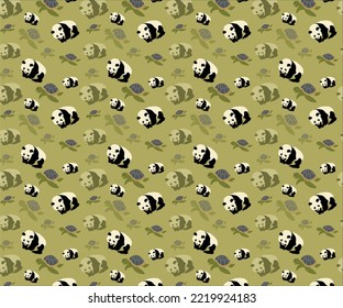 Animal included Panda and Turtle vector repeat pattern with olive green background.