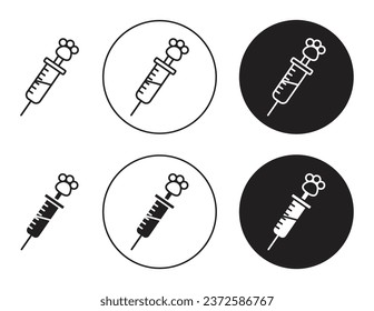 conjunto de iconos de inyección de animales. símbolo vector de la vacuna para perros mascotas o gatos, en un estilo relleno negro y delineado.
