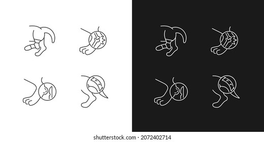 Animal injuries linear icons set for dark and light mode. Pet physical diseases. Limb sprains and trauma. Customizable thin line symbols. Isolated vector outline illustrations. Editable stroke