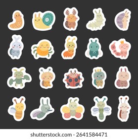 Animal insect character in scandinavian style set with cute worm snail beetle ant fly flea spider scorpion mantis mosquito created for charming cartoon illustrations