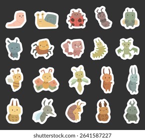 Animal insect character in scandinavian style set with cute worm snail beetle ant fly flea spider scorpion mantis mosquito created for charming cartoon illustrations
