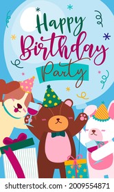 Animal invitation birthday banner and element asset for design poster, invitation card, flyer Celebration Cartoon vector illustration 