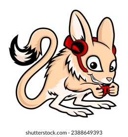 Animal jerboa in headphones and with a gamepad on a white background.
