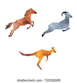 ANIMAL JUMPING LOW POLY LOGO ICON SYMBOL SET. TRIANGLE GEOMETRIC GOAT, HORSE AND KANGAROO POLYGON