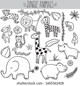 Animal Jungle, Black Outline, freehand, tiger, leopard, lion, monkey, chimpanzee, giraffe, Doodles, elephant, hippo, rhino, jaguar, snake, lizard, gecko, tropical leafs, vines, flowers, cute, nursery