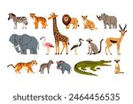 Animal jungle. Cartoon elephant, zebra and rhino. Savanna african cute bird, buffalo, wild meerkat. Flat style zoo fauna. Savannah cheetah, rhinoceros and crane, giraffe and lion. Vector isolated set