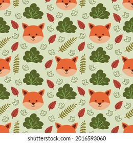 Animal jungle seamless pattern vector design of cute fox face with leaves for fabric textile backgroubd, wallpaper, backdrop, wrapping paper.