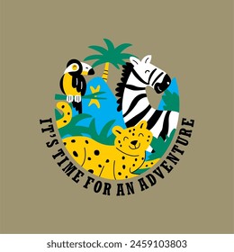 animal jungle time for adventure zebra , tiger , bird and others hand drawn illustrtation