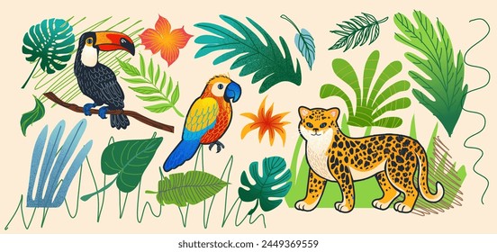 Selva animal. Pájaro tucán, loro y leopardo, safari zoológico. Naturaleza patrón spot, selva tropical africana. Dibujo de flores y exóticas hojas de palma, garabato de jardín. Vector divertido rainforest art ilustración