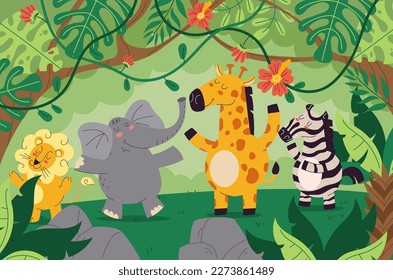  Animal jungle tree zoo wild nature cartoon concept. Vector graphic design illustration