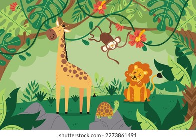  Animal jungle tree zoo wild nature cartoon concept. Vector graphic design illustration