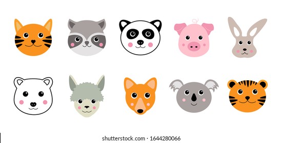 Animal kawaii face set. Carton characters panda cat bear koala tiger heads. Cute baby kids print and love greeting cards flat design. Vector illustration isolated white background